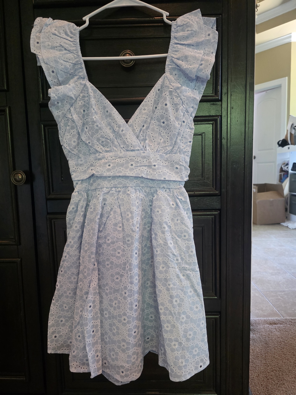 Altar'd State Light Blue Eyelet Ruffle Strap V-Neck Mini Dress